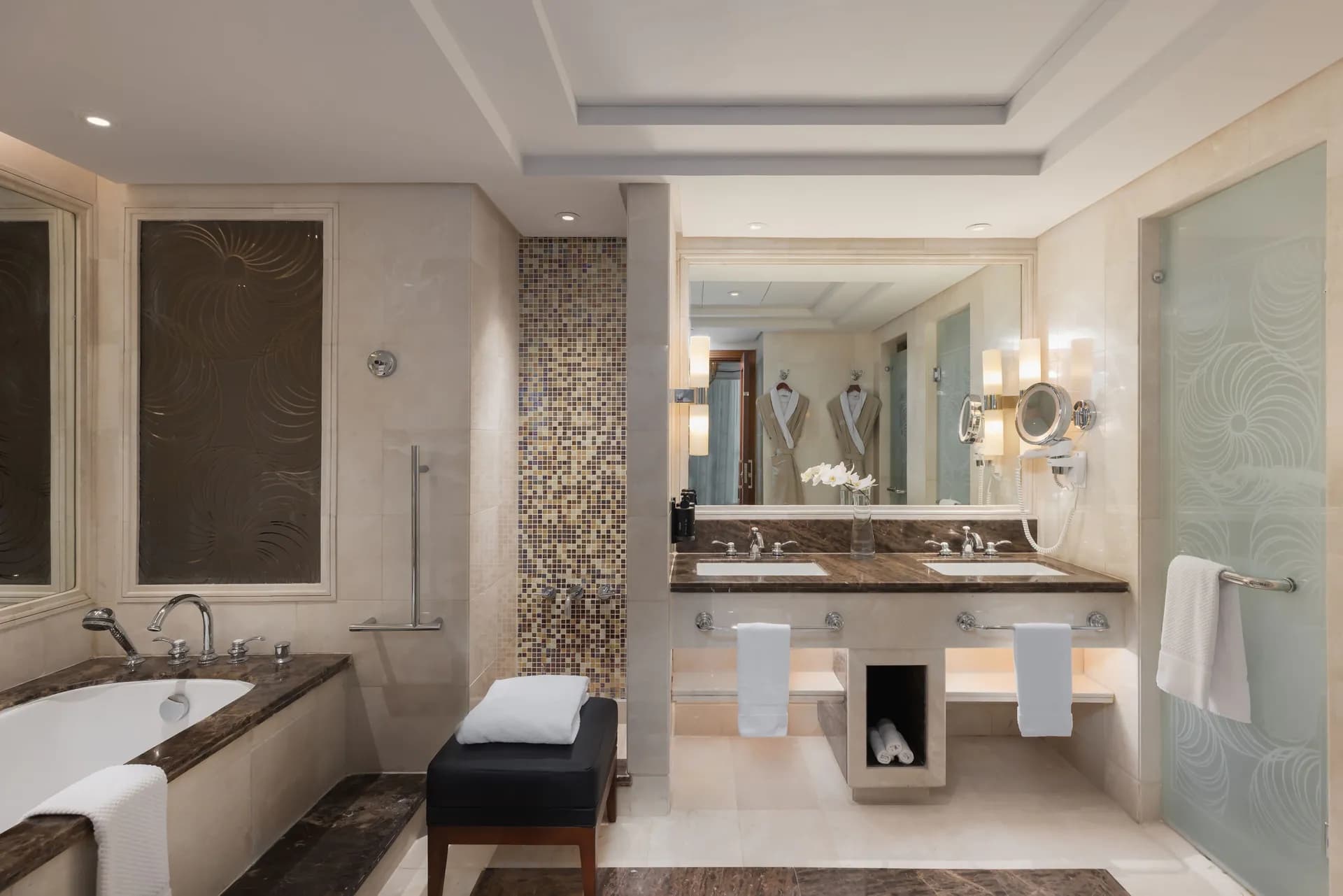 eco-friendly toiletries, hair dryer, Rainfall showerhead, bathrobes at Raffles Makkah Palace